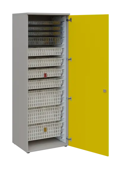 EUROMEDICA D - 66 skříň léková boxová, 1-dveřová, pravá, 1950x660x535, korpus šedý, dvířka žlutá odio